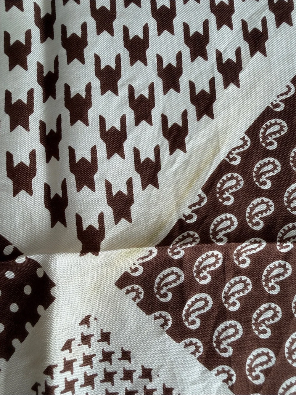 MCM Silk Cream and Chocolate Brown Paisley, Houndstooth & Polka Dot Scarf